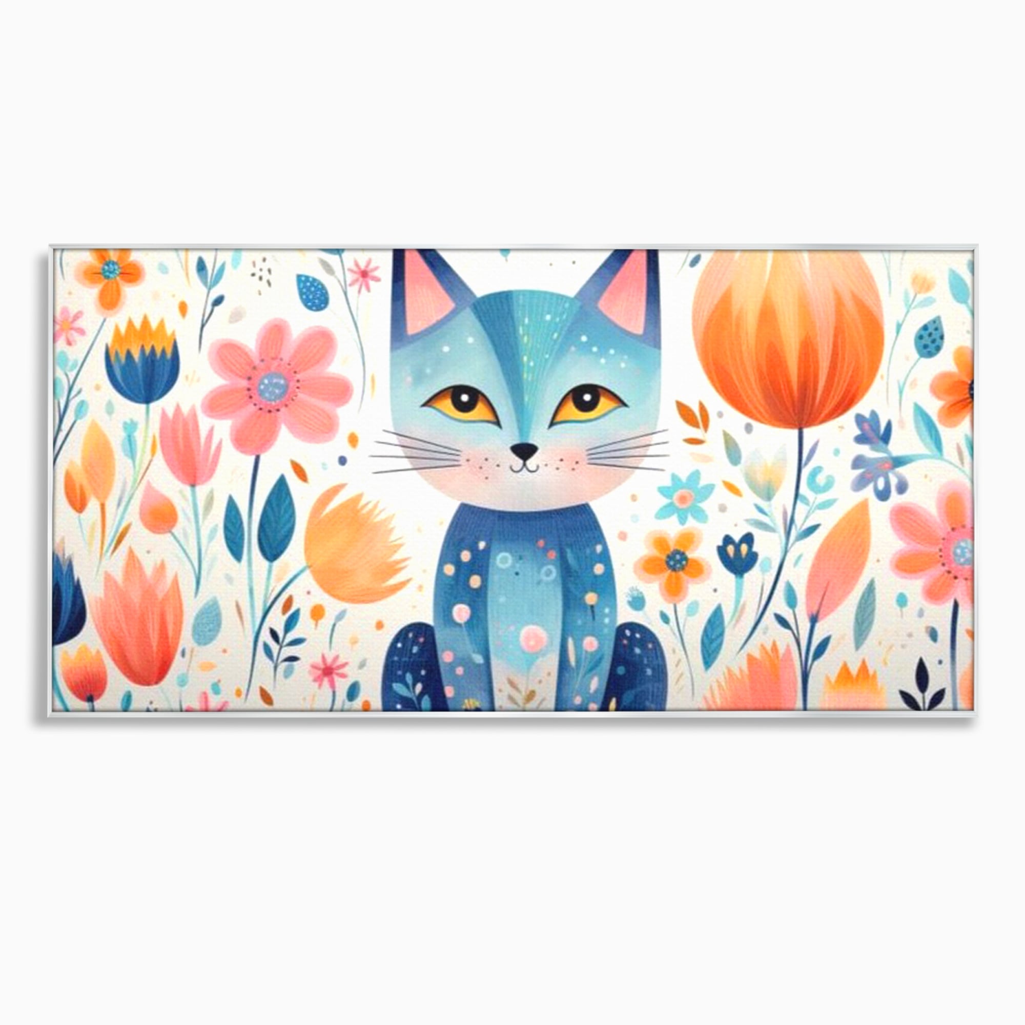 Tablou canvas cu ilustratie digitala cu pisica albastra si flori, in rama de aluminiu argintiu